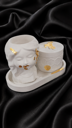 Elegant White Sculpted Decor Set – Face Vase, Jar & Tray with Gold Leaf Accents