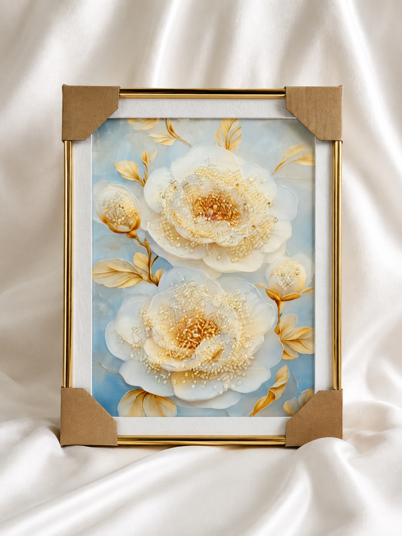 Embellished White Peony Framed Art – Crystal & Pearl Wall Decor