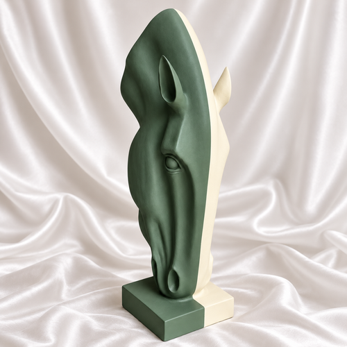 Sage Green & Ivory 42-inch sage green and ivory horse head sculpture with a two-tone rectangular base, displayed on white satin fabric.