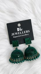 Emerald Green Crystal Jhumka Earrings with Bead Drops
