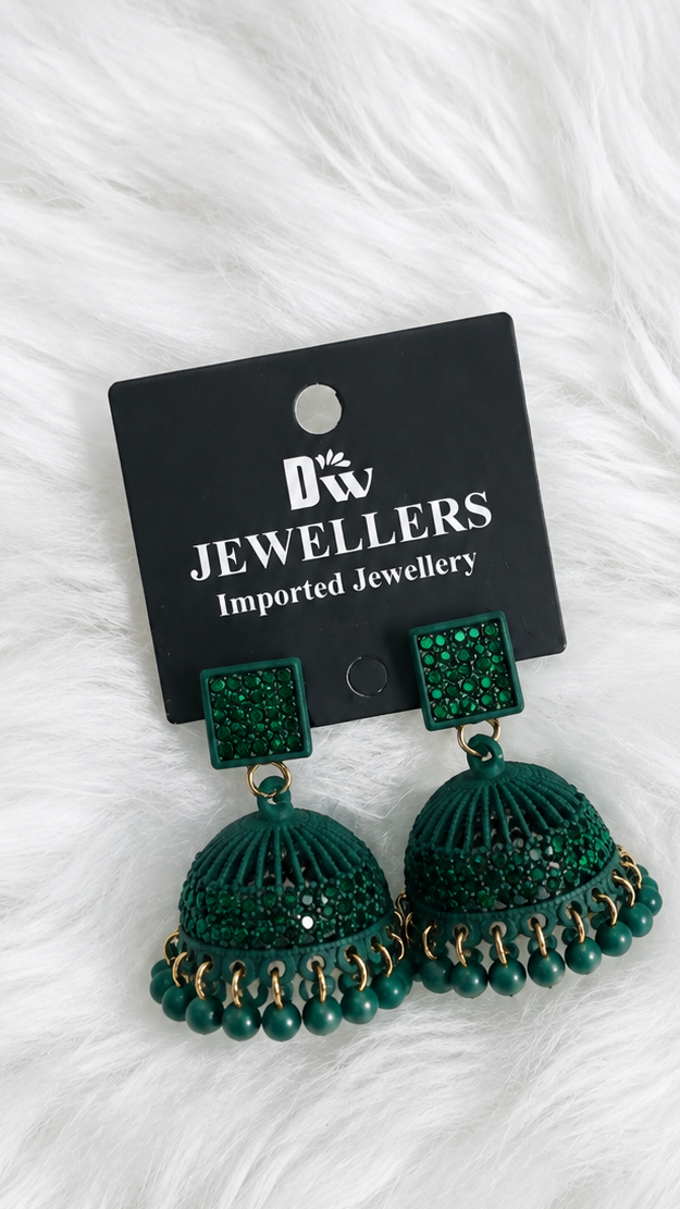Emerald Green Crystal Jhumka Earrings with Bead Drops