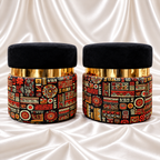 Pair of black velvet ottoman stools with gold-finish accents and multicolour geometric printed bases.