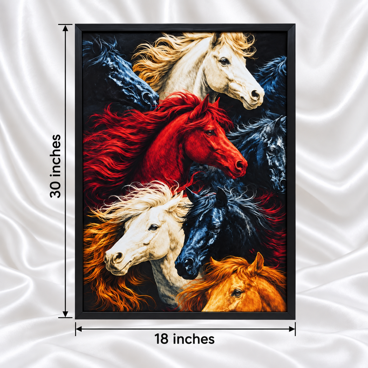 30 x 18 inch luxury horse wall art featuring red, white, black and golden horses in a black frame with visible size measurements.