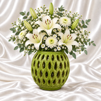 5.5-inch olive green openwork decorative vase with white floral arrangement for tabletop home decor.