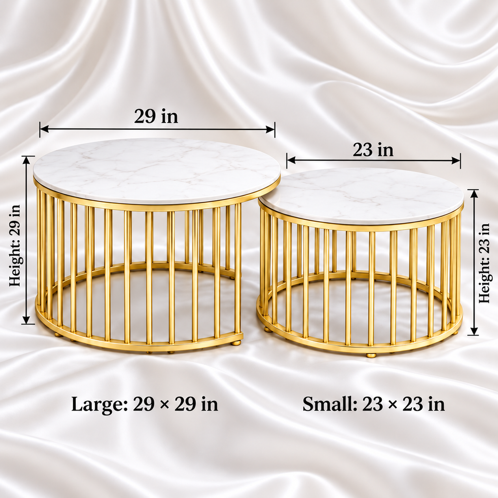 White and gold round tables with dimensions: large 29-inch diameter by 29-inch height, small 23-inch diameter by 23-inch height.