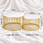 White and gold round tables with dimensions: large 29-inch diameter by 29-inch height, small 23-inch diameter by 23-inch height.