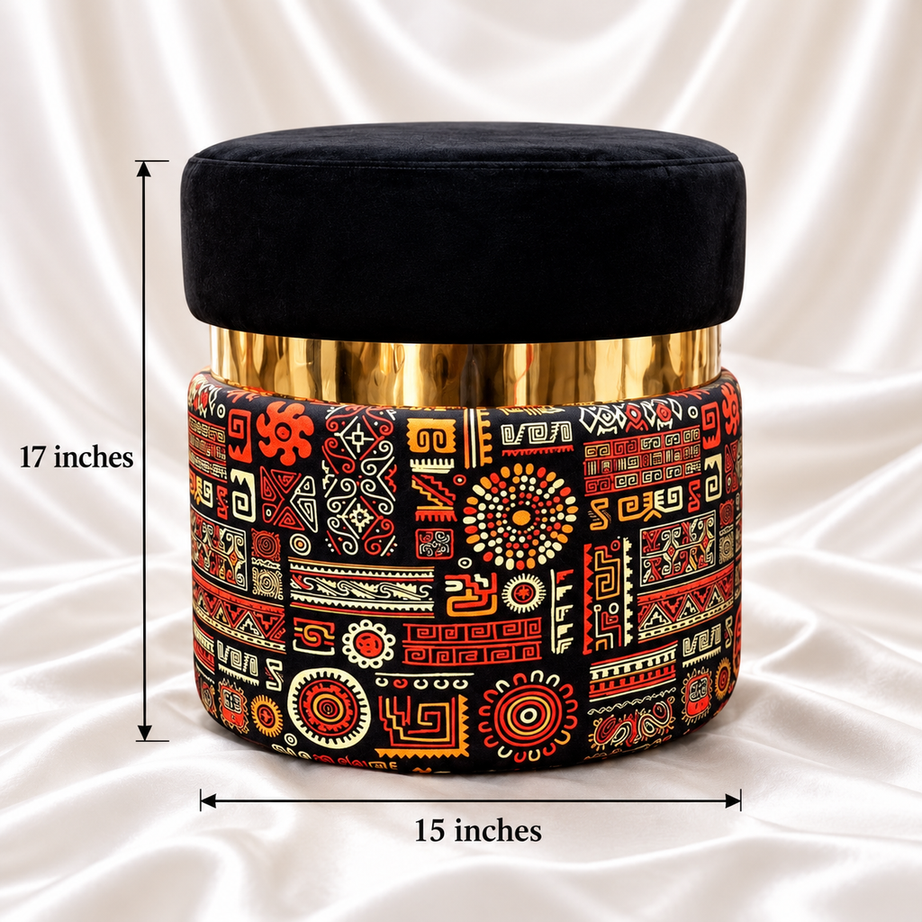 Black velvet ottoman stool with gold accent and geometric printed base, showing 17-inch height and 15-inch diameter.