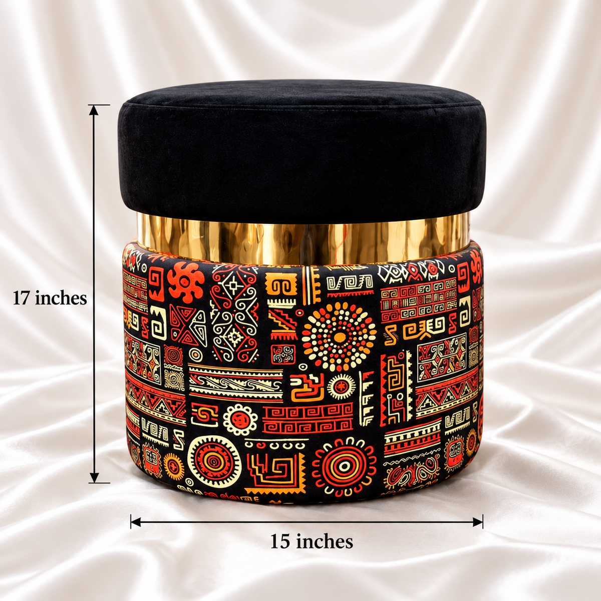 Black velvet ottoman stool with gold accent and geometric printed base, showing 17-inch height and 15-inch diameter.