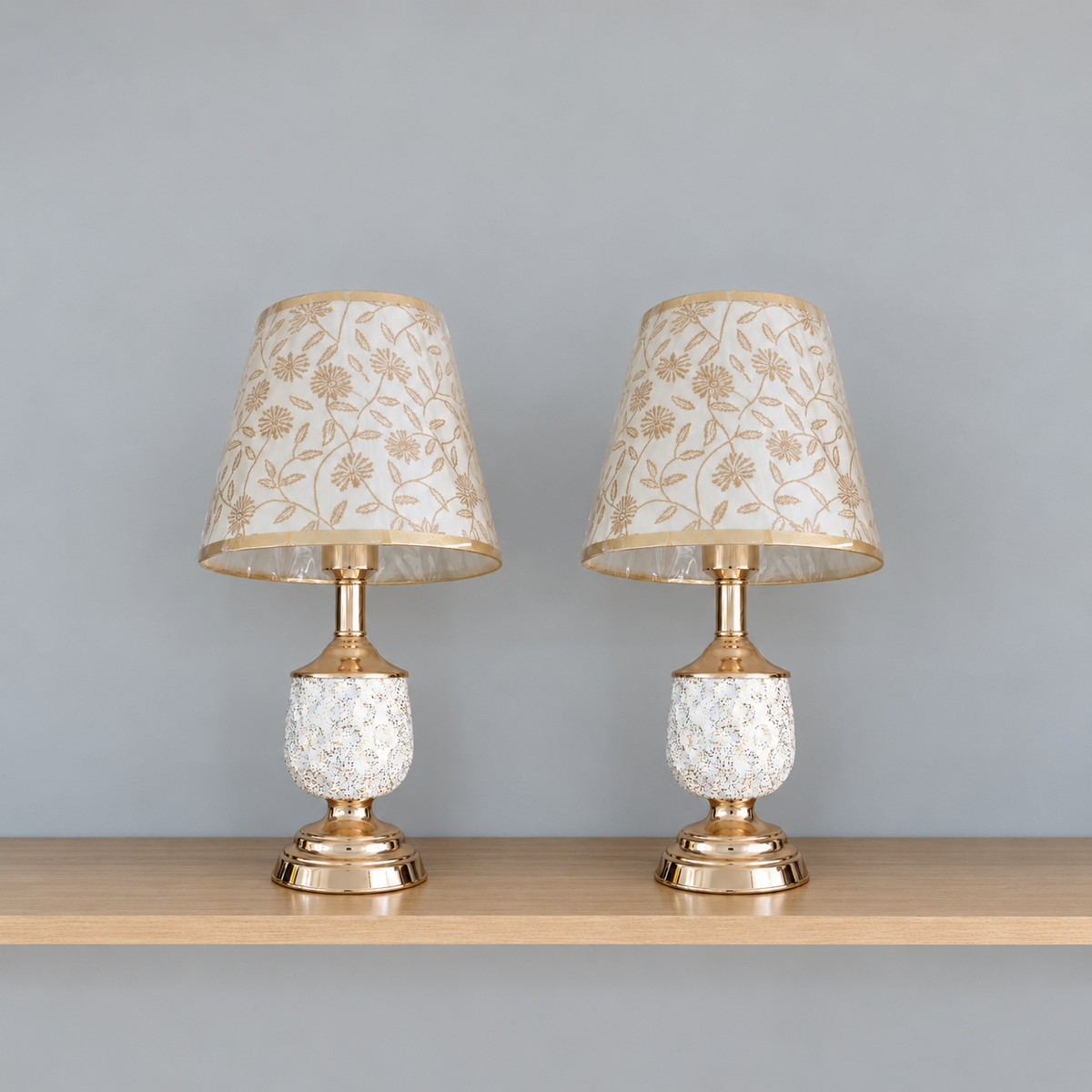 White & Gold Table Lamp Pair with Floral Shades