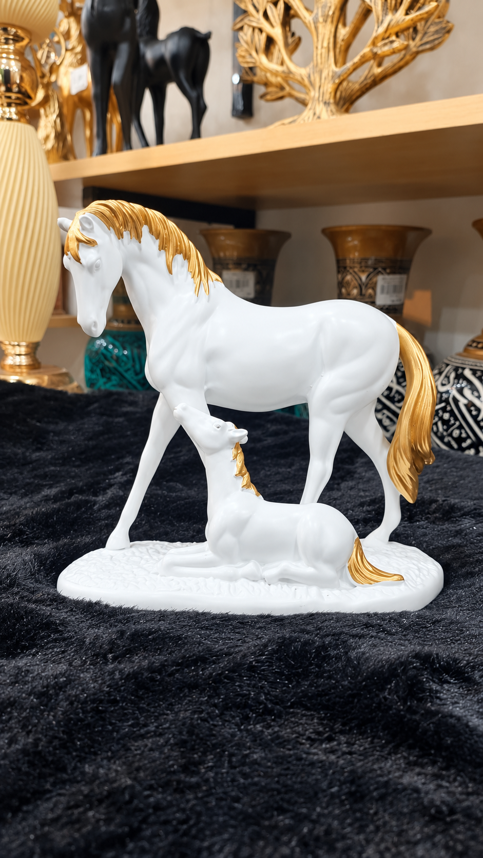White & Gold Mother & Foal Horse Statue