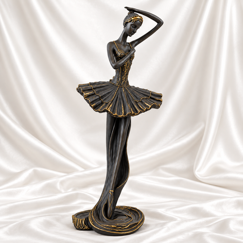 Black ballerina sculpture with gold detailing on a white satin background. A vertical measurement line shows its height of 34 inches.