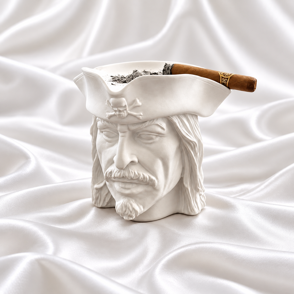 White pirate head ashtray with a sculpted face and skull-and-crossbones hat, holding a cigar on white satin fabric.