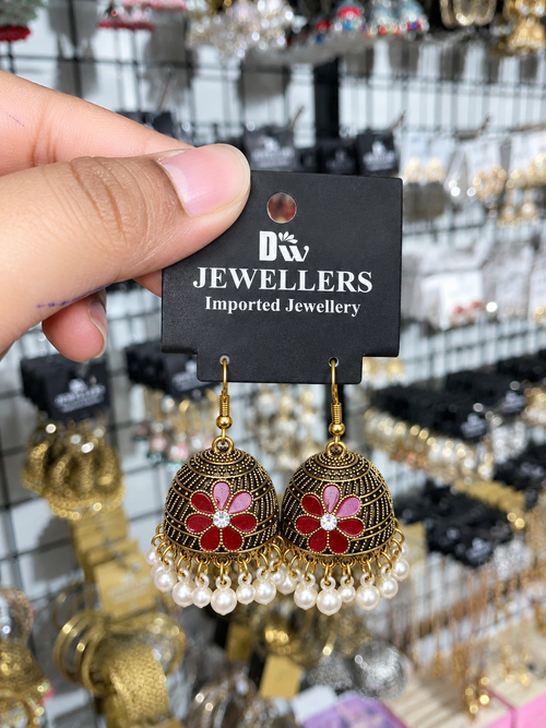 Antique Gold Jhumka with Red Flower & Pearl Fringe