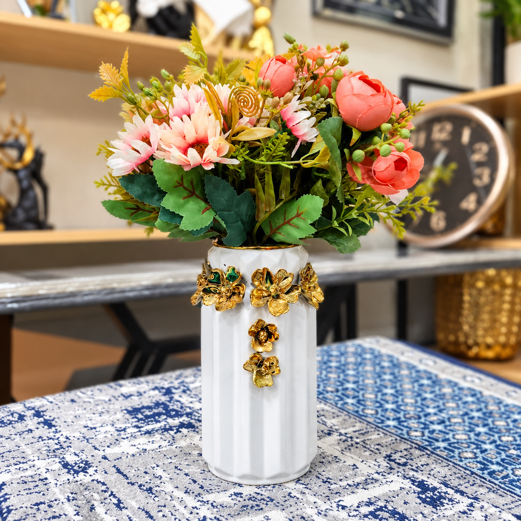 Luxury Gold Floral Decorative Vase Set with Artificial Flowers