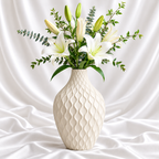 Ivory textured decorative flower vase with modern wave pattern and white lily arrangement