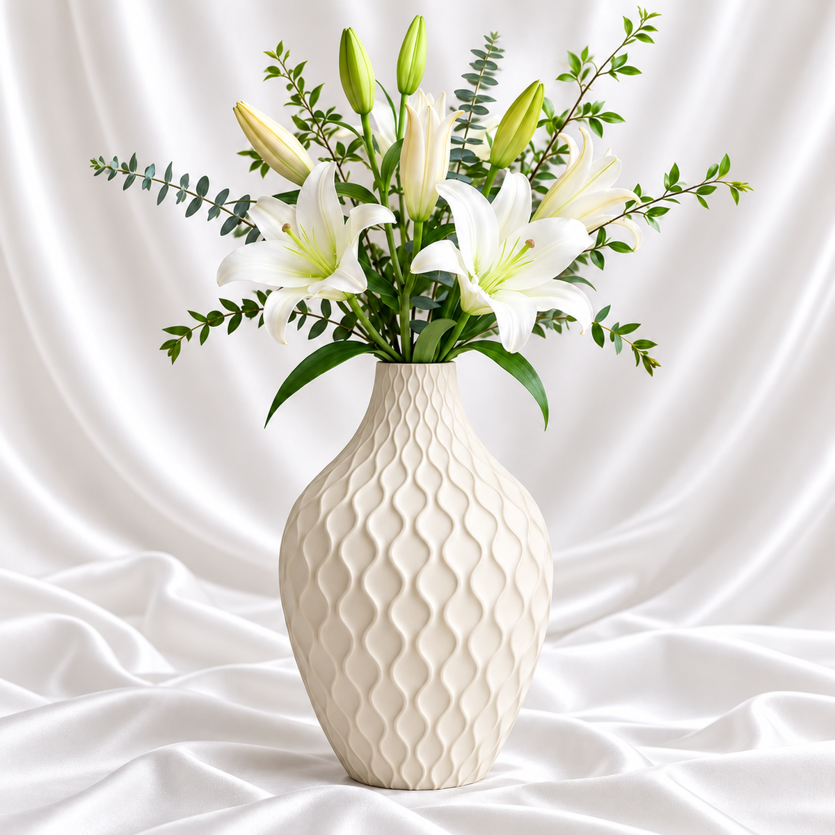 Ivory textured decorative flower vase with modern wave pattern and white lily arrangement