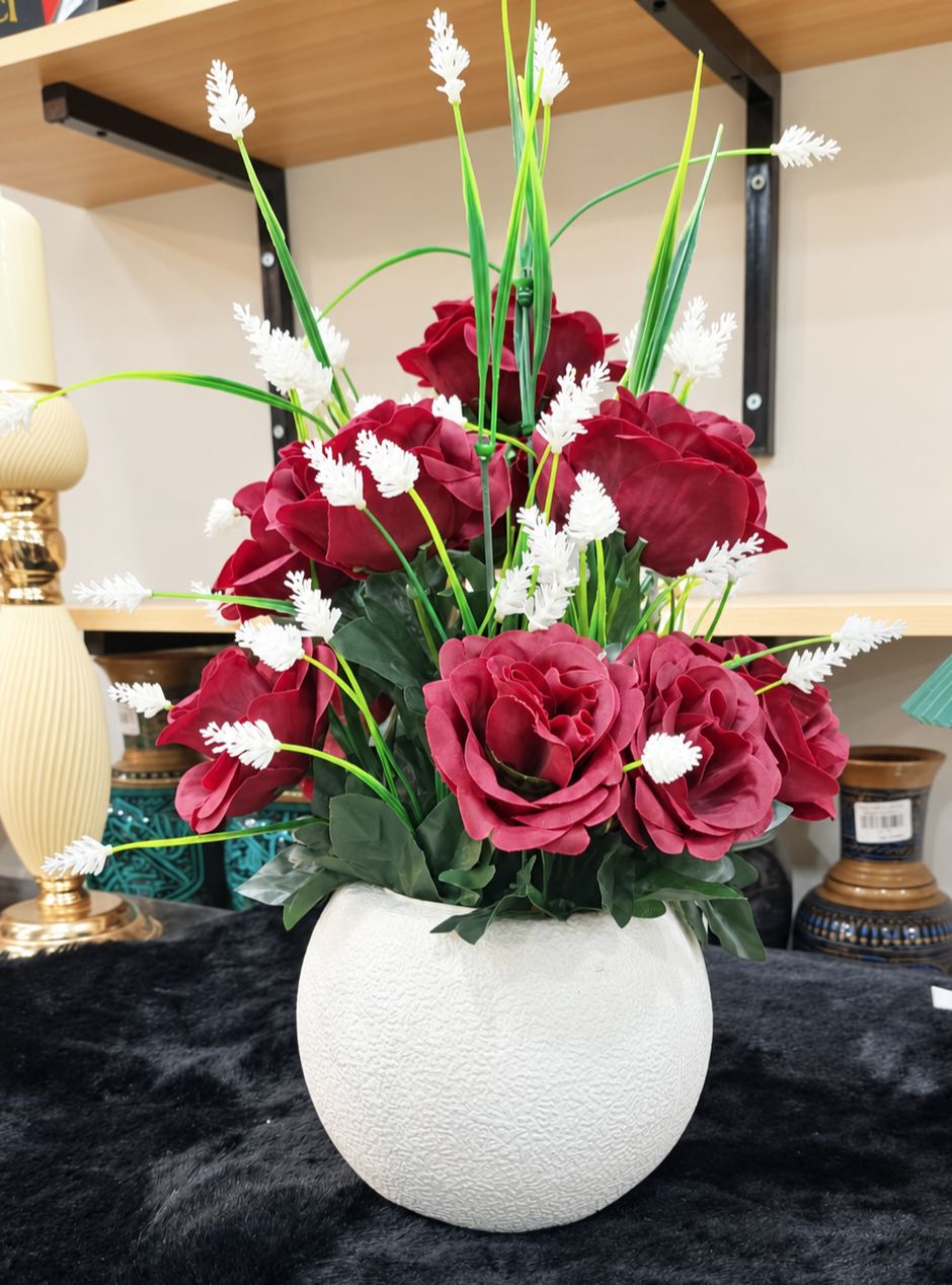 Burgundy Rose Arrangement in Textured White Vase