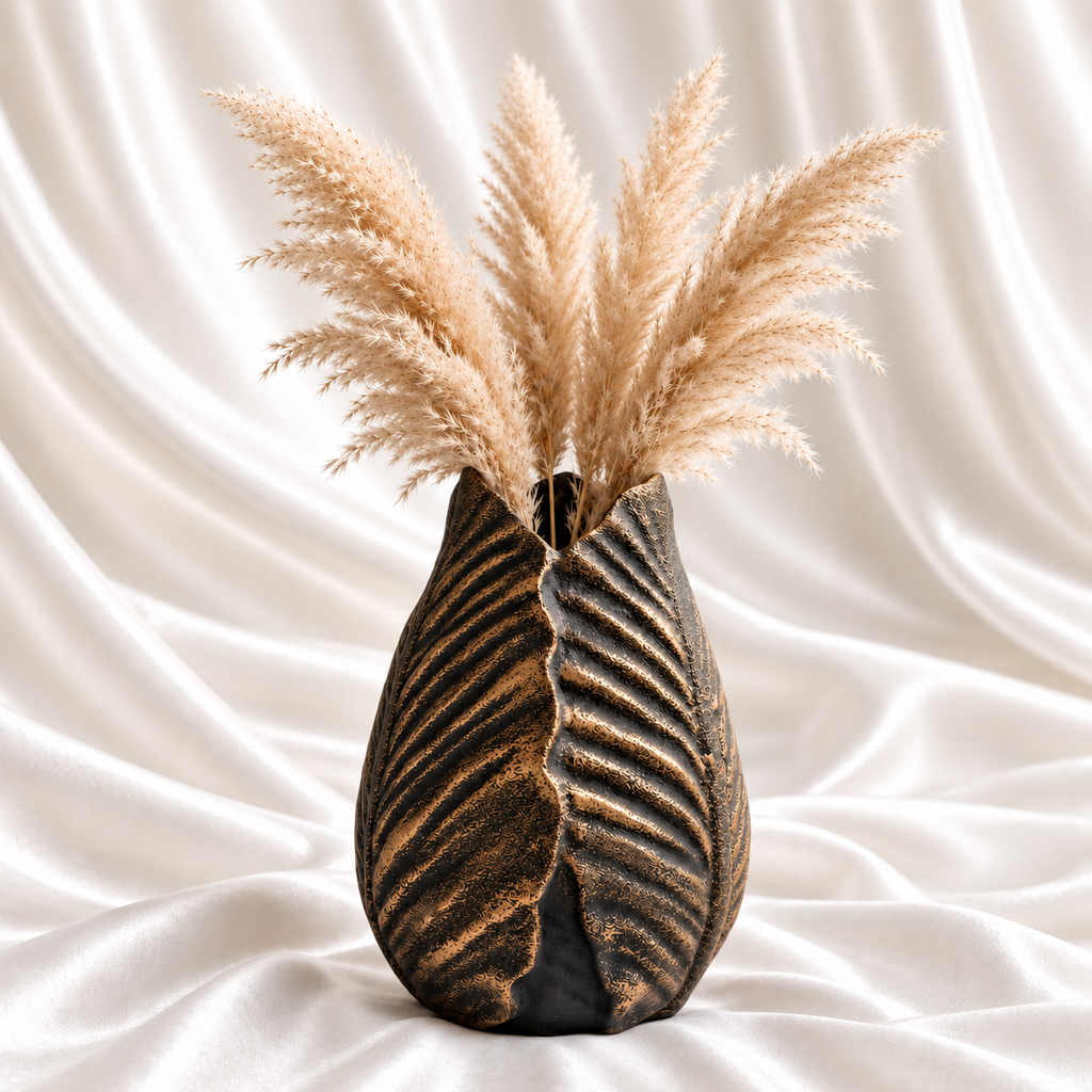 9.5-inch antique gold and black sculpted leaf vase with beige pampas grass on a white satin fabric background.