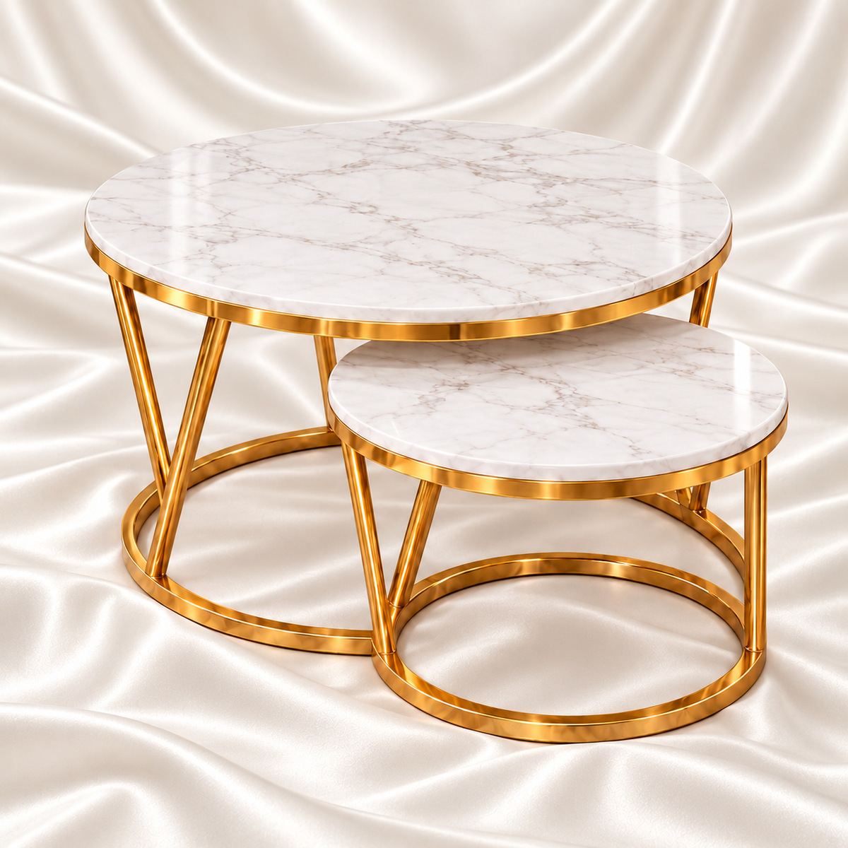 Luxury gold and white marble-effect round nesting coffee table set of 2, featuring polished gold metal frames and elegant marble-style tabletops – Decoreway.