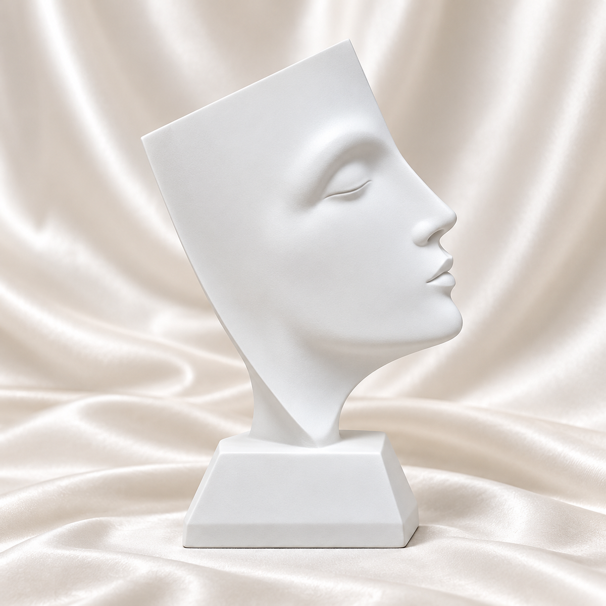 Side view of a white abstract face sculpture showing sculpted facial contours and a matching geometric base against off-white satin fabric.