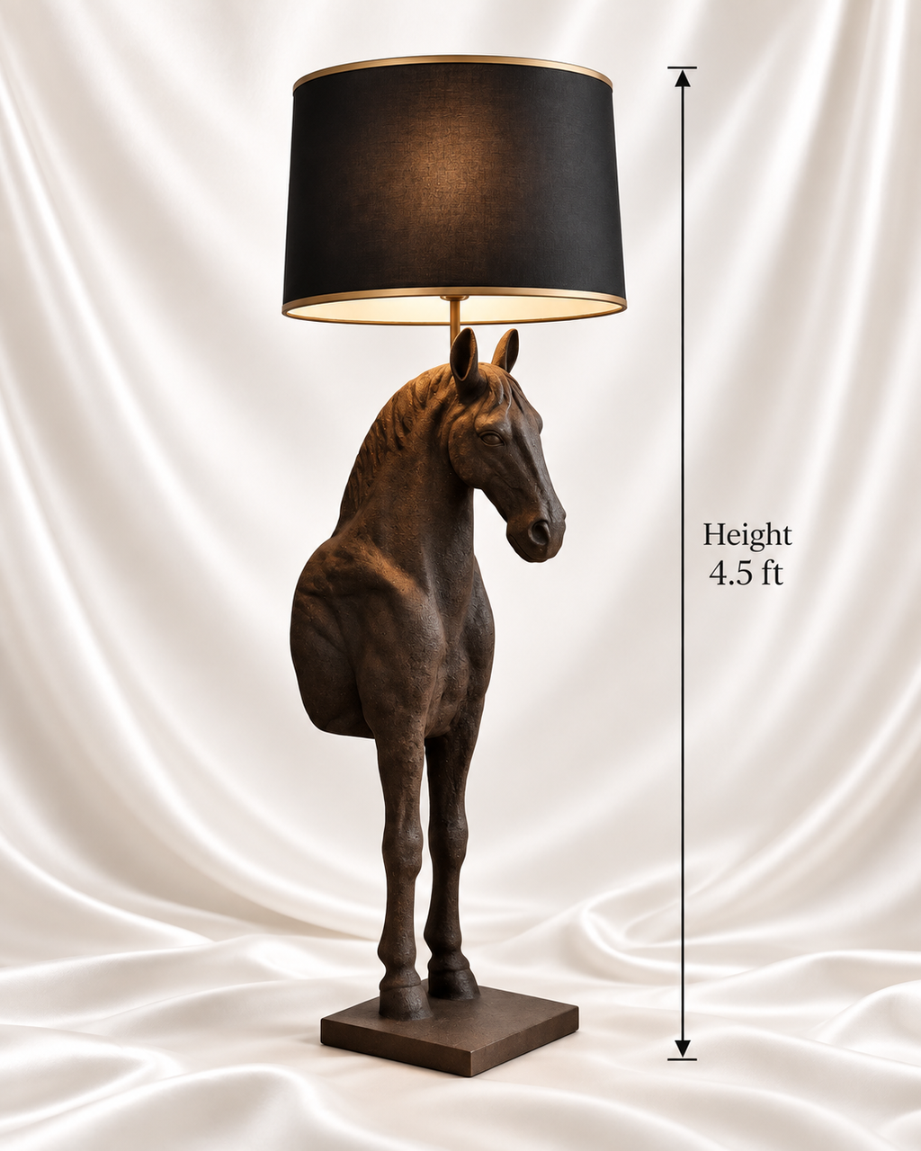 4.5 ft antique bronze horse floor lamp with black lampshade