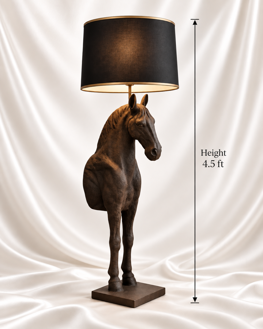 4.5 ft antique bronze horse floor lamp with black lampshade
