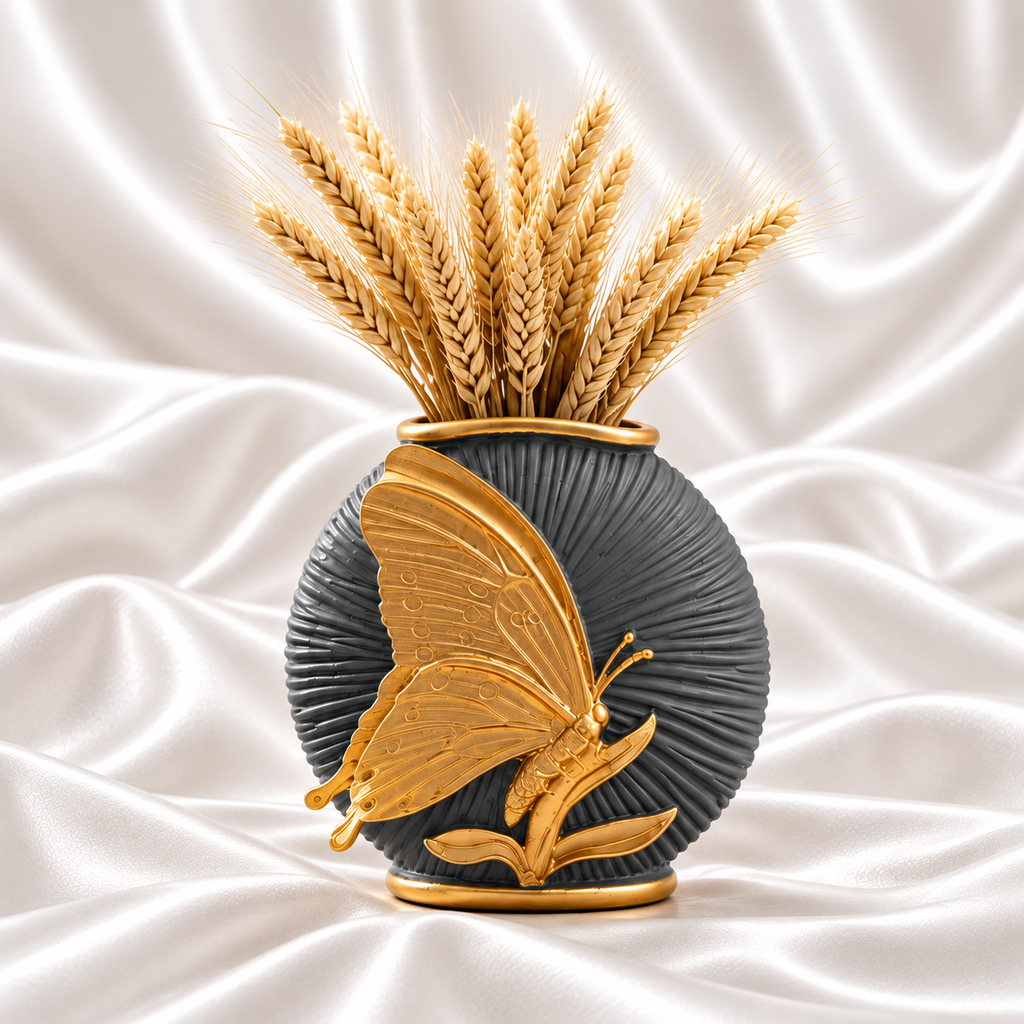 Charcoal grey ribbed vase with a raised gold butterfly and dried wheat on a white satin background.