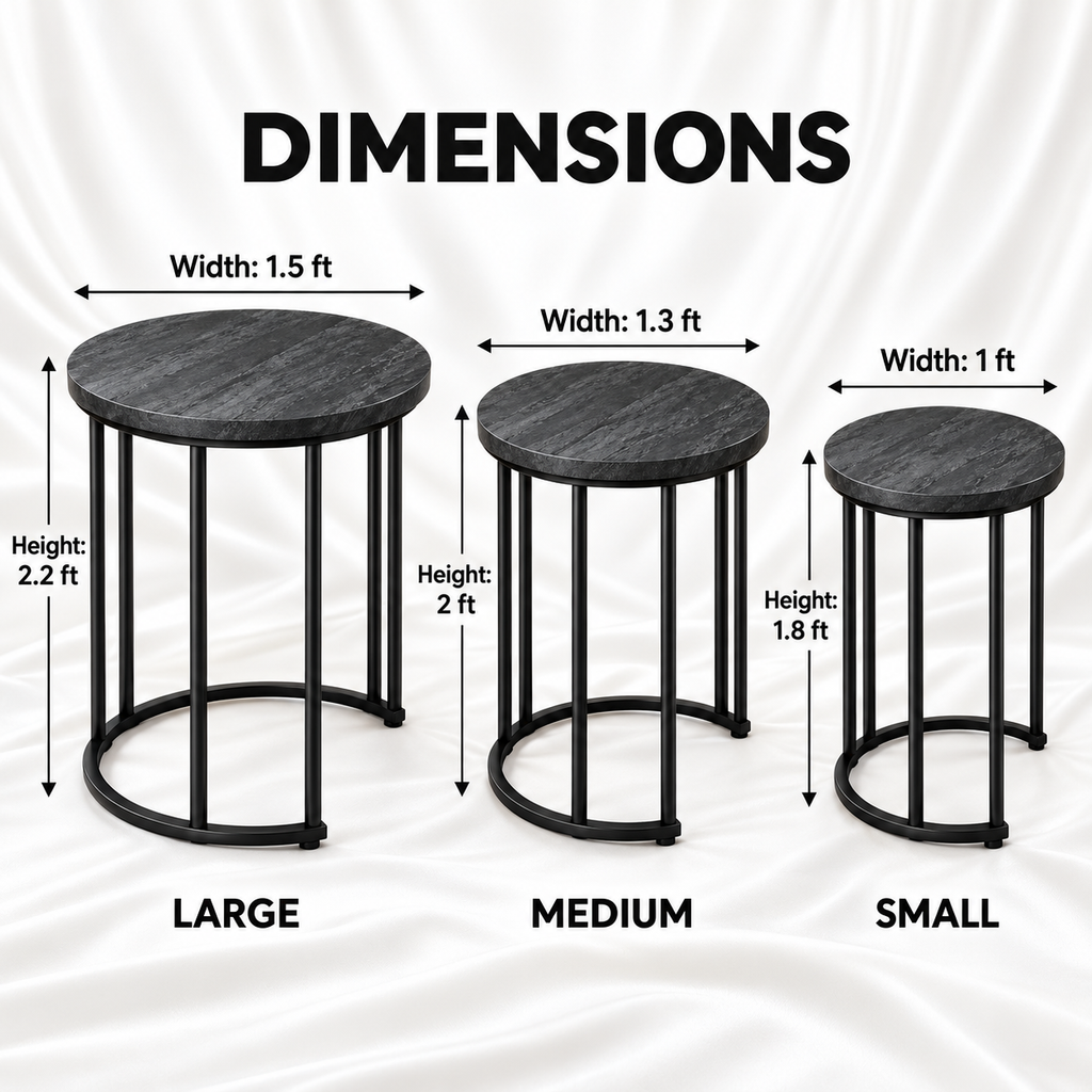 Charcoal nesting table dimensions: large 1.5 ft wide by 2.2 ft high, medium 1.3 ft by 2 ft, and small 1 ft by 1.8 ft