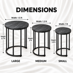 Charcoal nesting table dimensions: large 1.5 ft wide by 2.2 ft high, medium 1.3 ft by 2 ft, and small 1 ft by 1.8 ft