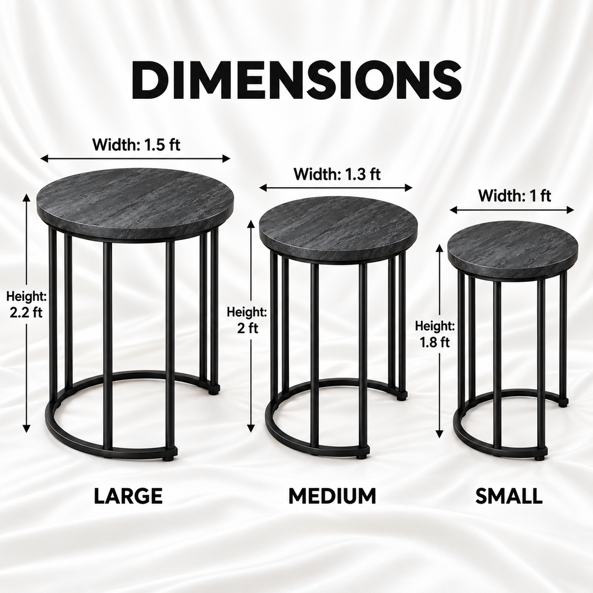 Charcoal nesting table dimensions: large 1.5 ft wide by 2.2 ft high, medium 1.3 ft by 2 ft, and small 1 ft by 1.8 ft