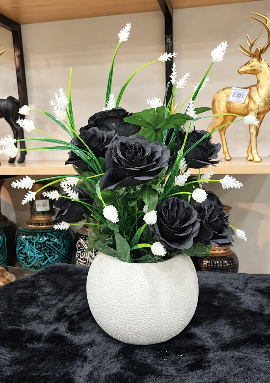 Black Rose Floral Arrangement — White Textured Vase