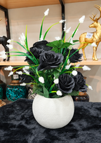 Black Rose Floral Arrangement — White Textured Vase
