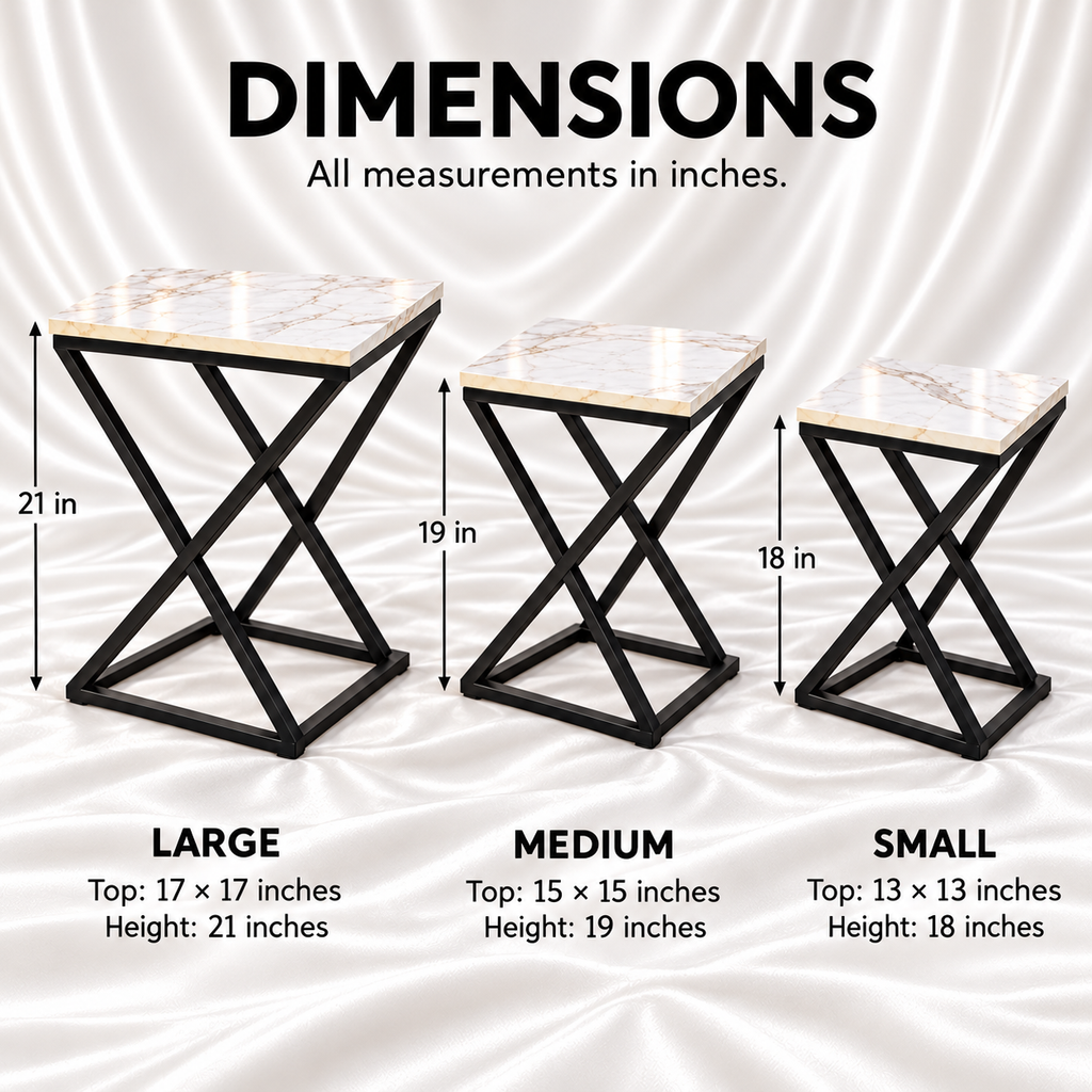 White marble effect nesting tables set of 3 with black metal X-frames, showing large, medium and small table dimensions in inches.