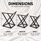 White marble effect nesting tables set of 3 with black metal X-frames, showing large, medium and small table dimensions in inches.