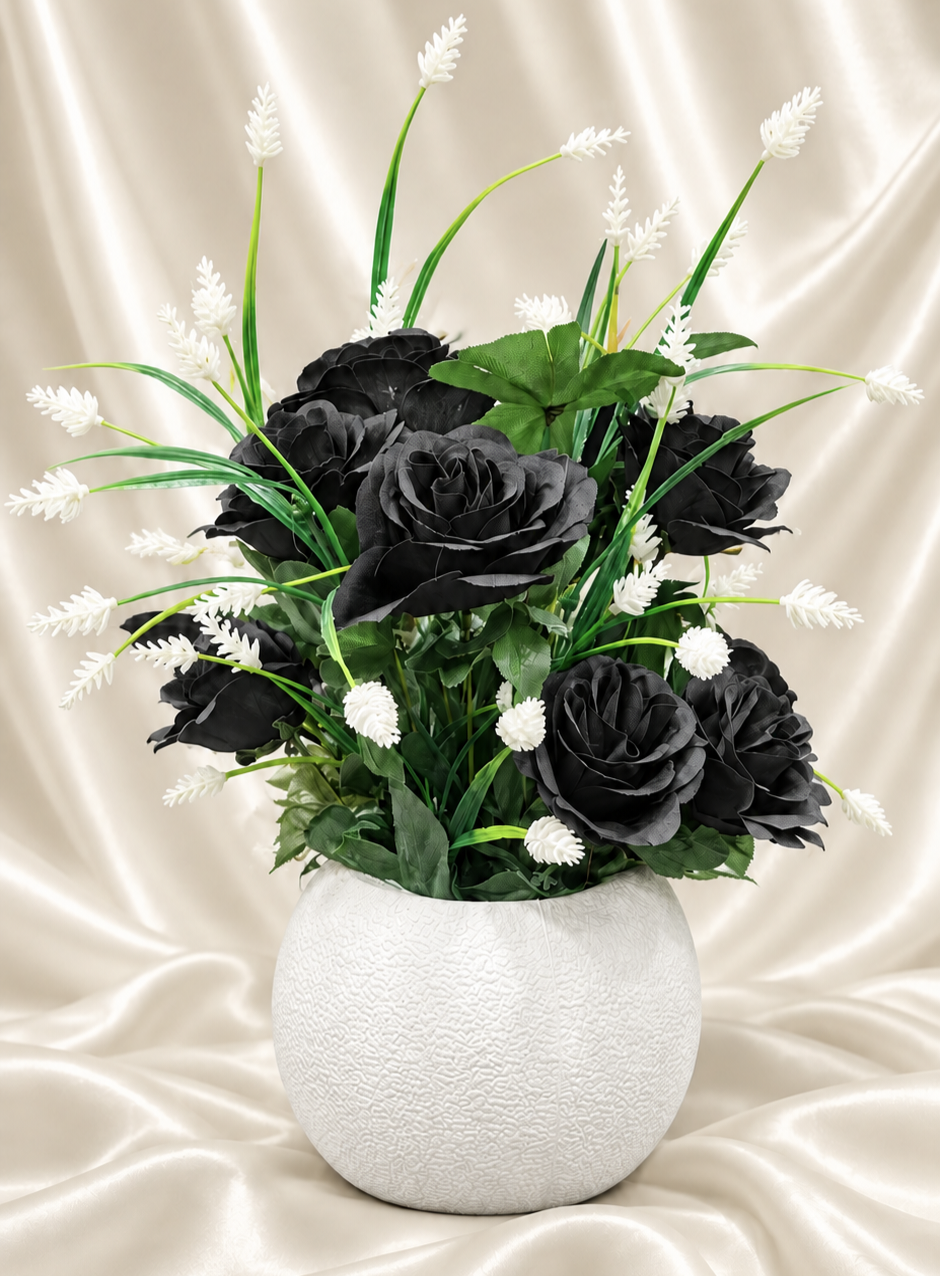 Black Rose Floral Arrangement — White Textured Vase