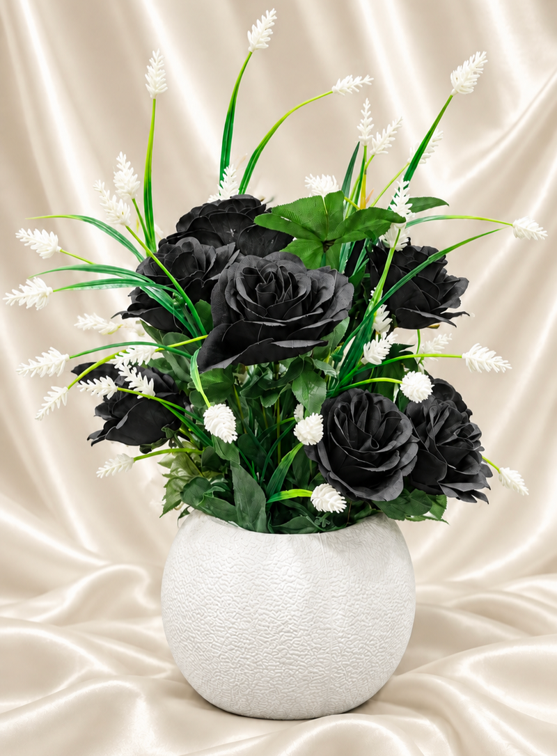 Black Rose Floral Arrangement — White Textured Vase