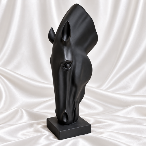 42-inch black horse head sculpture with an elongated design and rectangular base, displayed on white satin fabric.