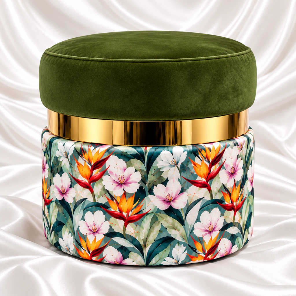 Luxury olive green velvet ottoman stool with gold accent band and tropical floral fabric base on white satin background – Decorway