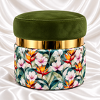Luxury olive green velvet ottoman stool with gold accent band and tropical floral fabric base on white satin background – Decorway