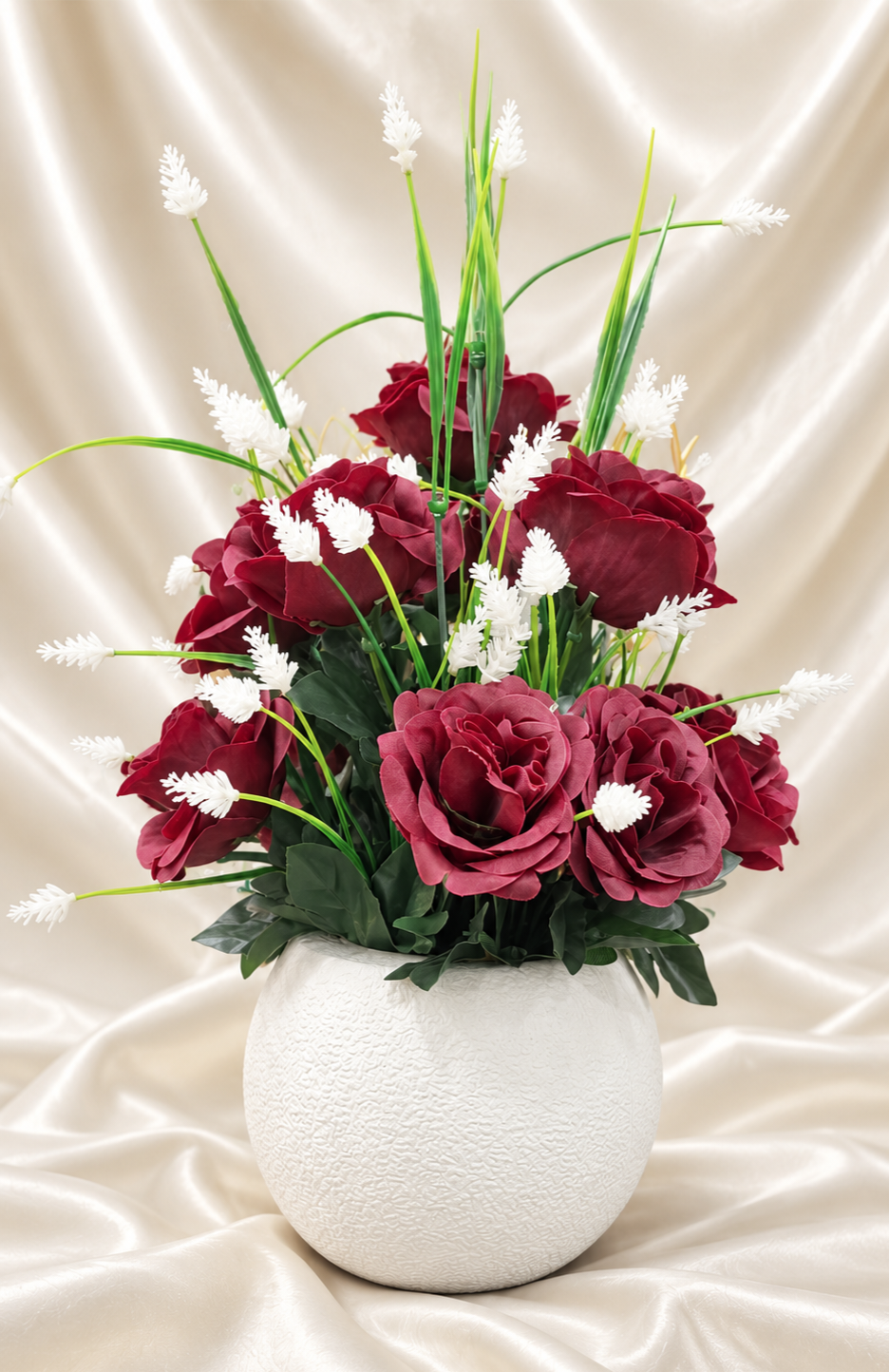 Burgundy Rose Arrangement in Textured White Vase