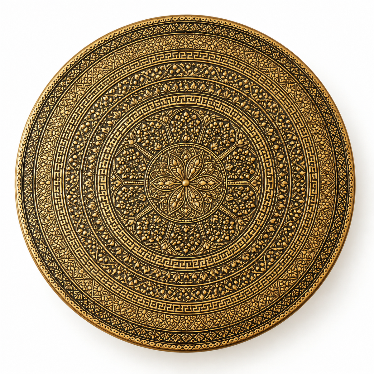 Luxury Gold Mandala Nesting Table top view showing intricate antique gold floral engraving, round tabletop design and black detailing – Decoreway Pakistan
