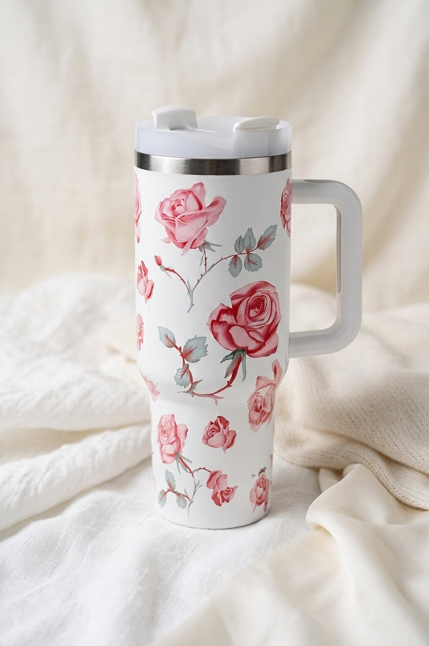 Vintage Rose Print Insulated Tumbler – Large Capacity with Handle & Straw