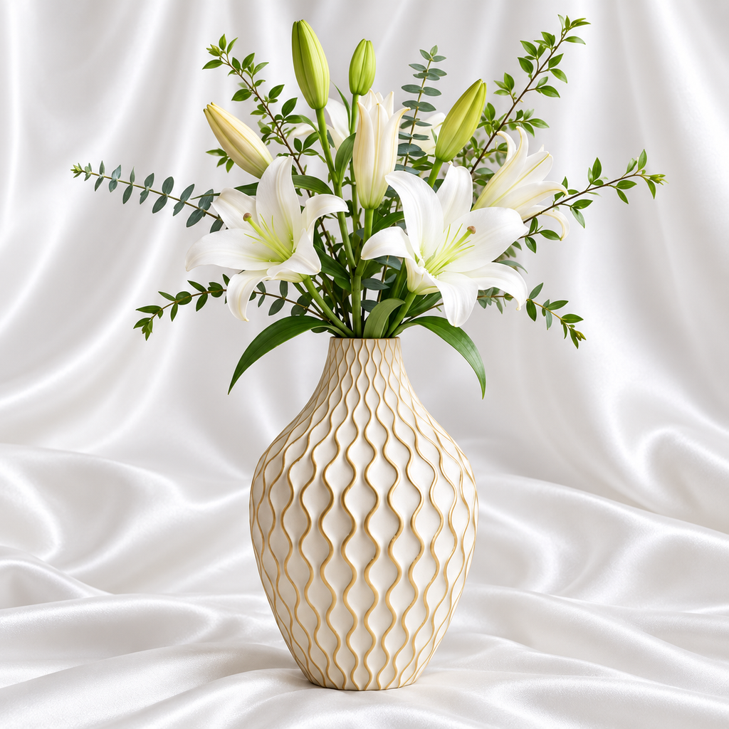 Modern white decorative flower vase with gold wave pattern and white lily arrangement