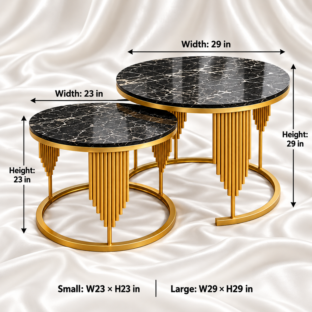 Black and gold nesting coffee tables with dimensions: large 29 inches wide by 29 inches high, small 23 inches wide by 23 inches high.