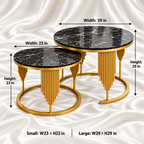 Black and gold nesting coffee tables with dimensions: large 29 inches wide by 29 inches high, small 23 inches wide by 23 inches high.