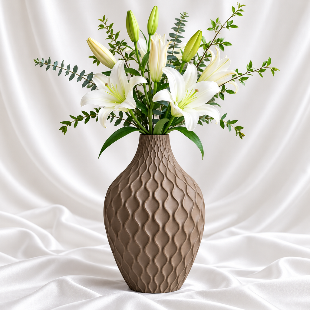 Taupe beige textured decorative flower vase with raised wave pattern and white lilies