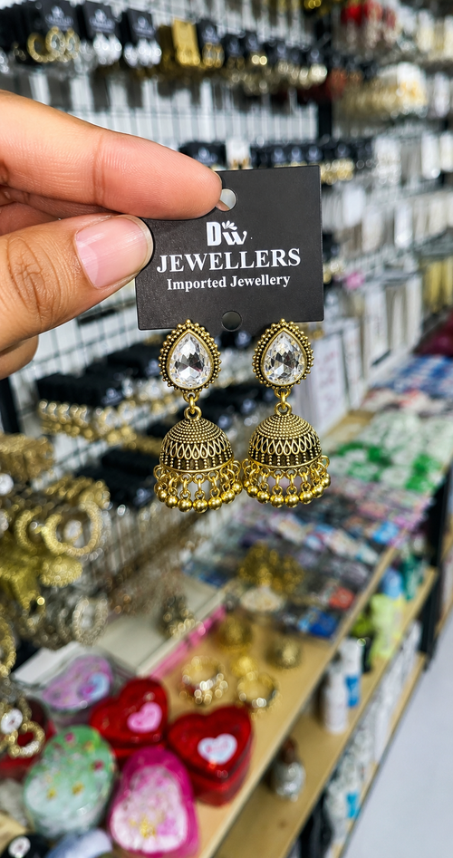 Antique Gold Teardrop Crystal Jhumka Earrings