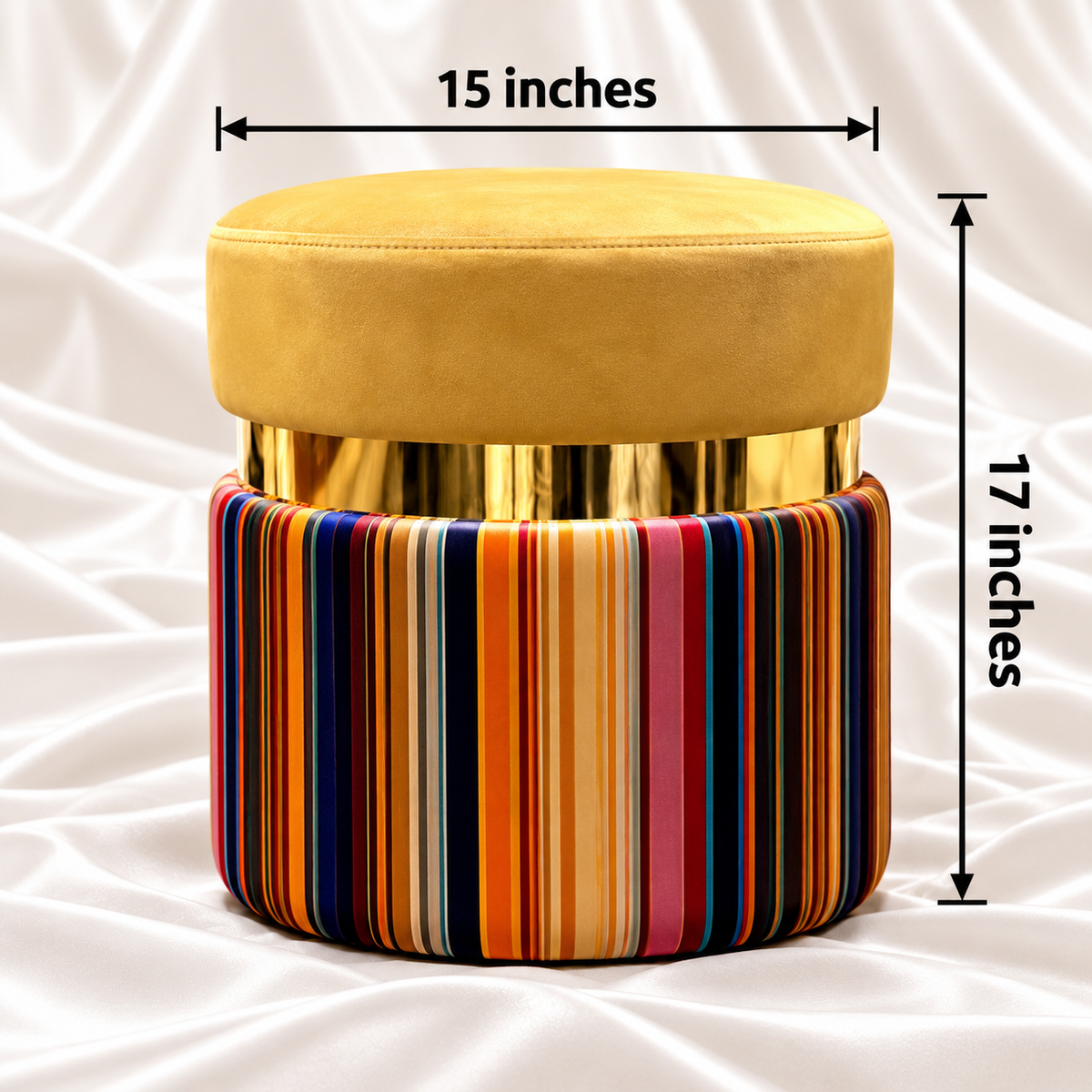 Mustard gold velvet round ottoman stool showing 17 inch height and 15 inch diameter with multicolor striped base
