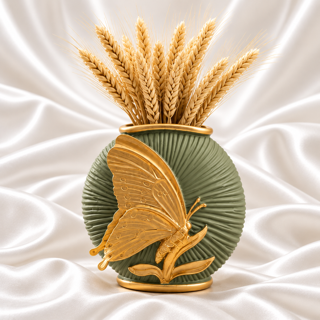 Sage green ribbed vase with a raised gold butterfly and dried wheat on a white satin background.