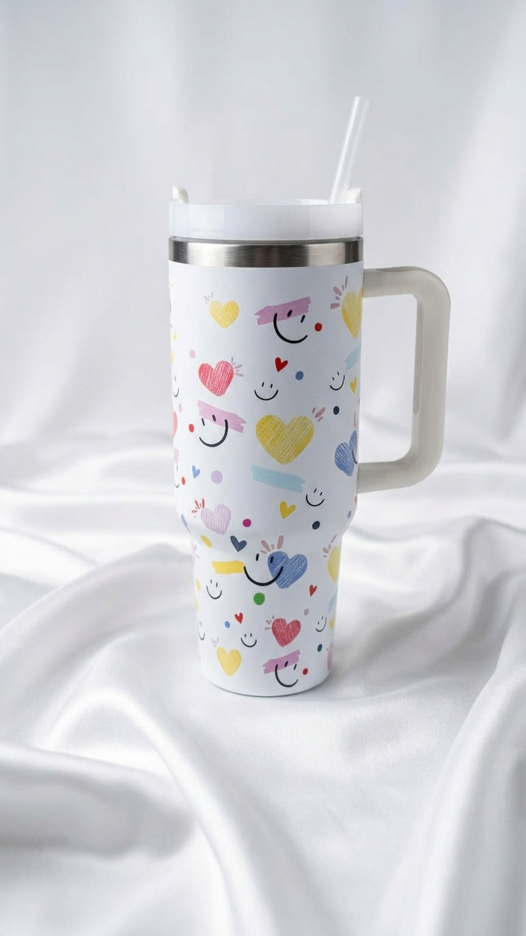 Happy Hearts & Smiles Print Tumbler – Large Stainless Steel Cup with Handle & Straw